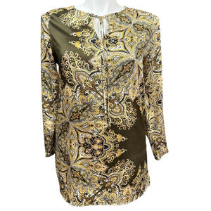 Chico's Tunic Top Size M Olive Gold Paisley Print Long Sleeve